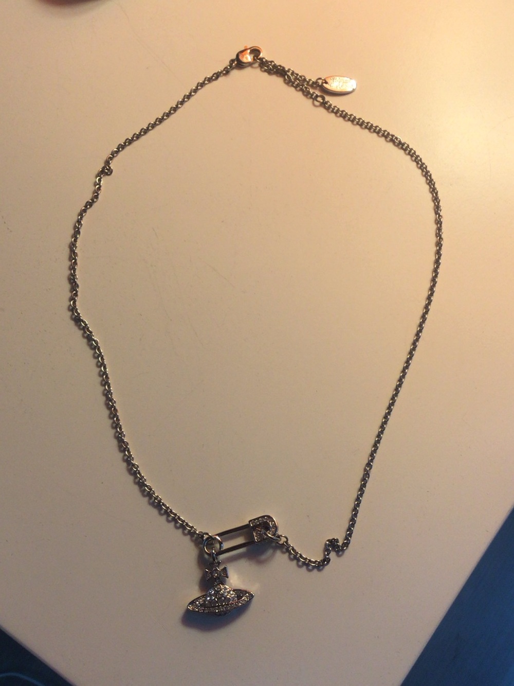 Vivienne Westwood Silver Safety Pin Necklace with Crystal UFO Charm with COA
